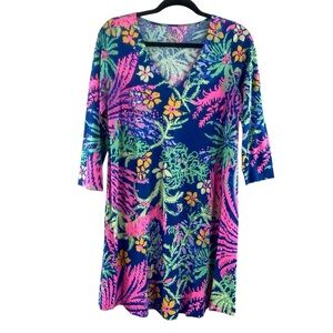 Lilly Pulitzer Women’s Erin Indigo All a Glow Floral Print Shirt Dress V Neck Sm